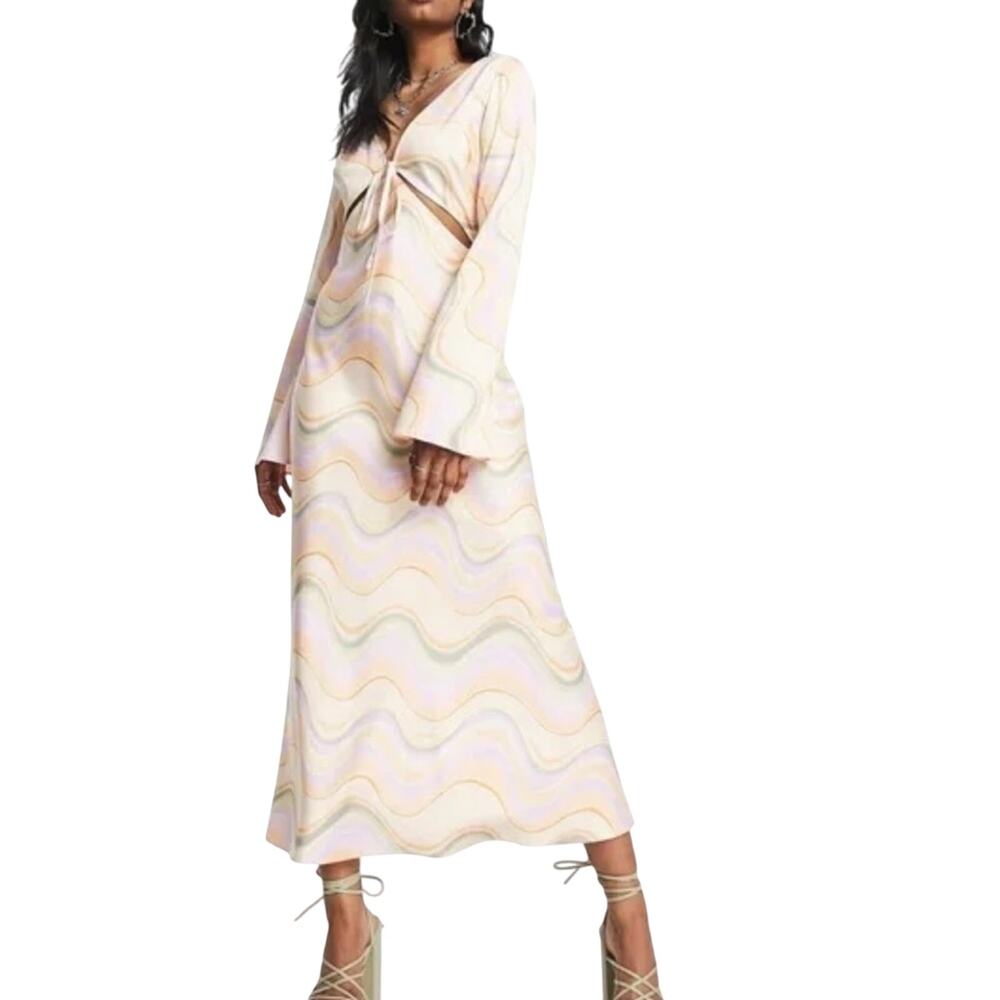 Topshop Retro Satin Cutout Midi Dress Marble Pastel Size 14 NWT Resortwear Boho